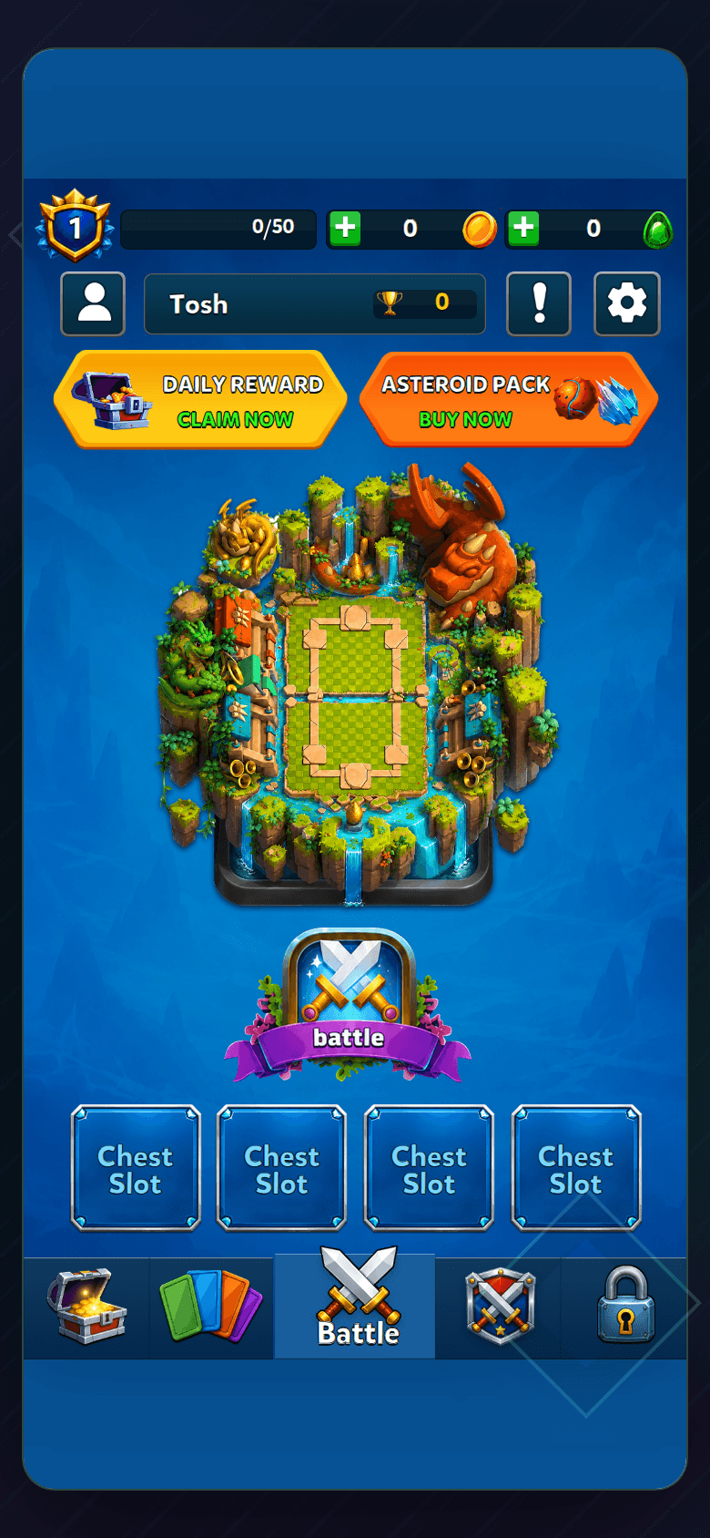 Rivalcrest main menu showing player level, Gold, trophies, arena and chest slots
